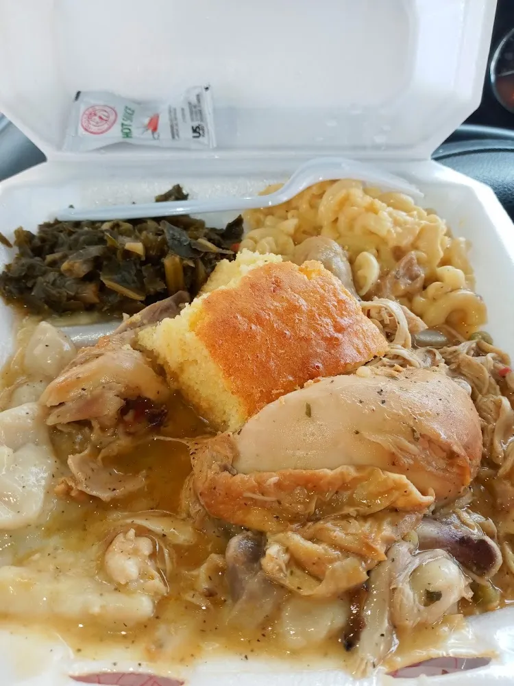 Chicken& Dumplings with Greens and Mac and Cheese